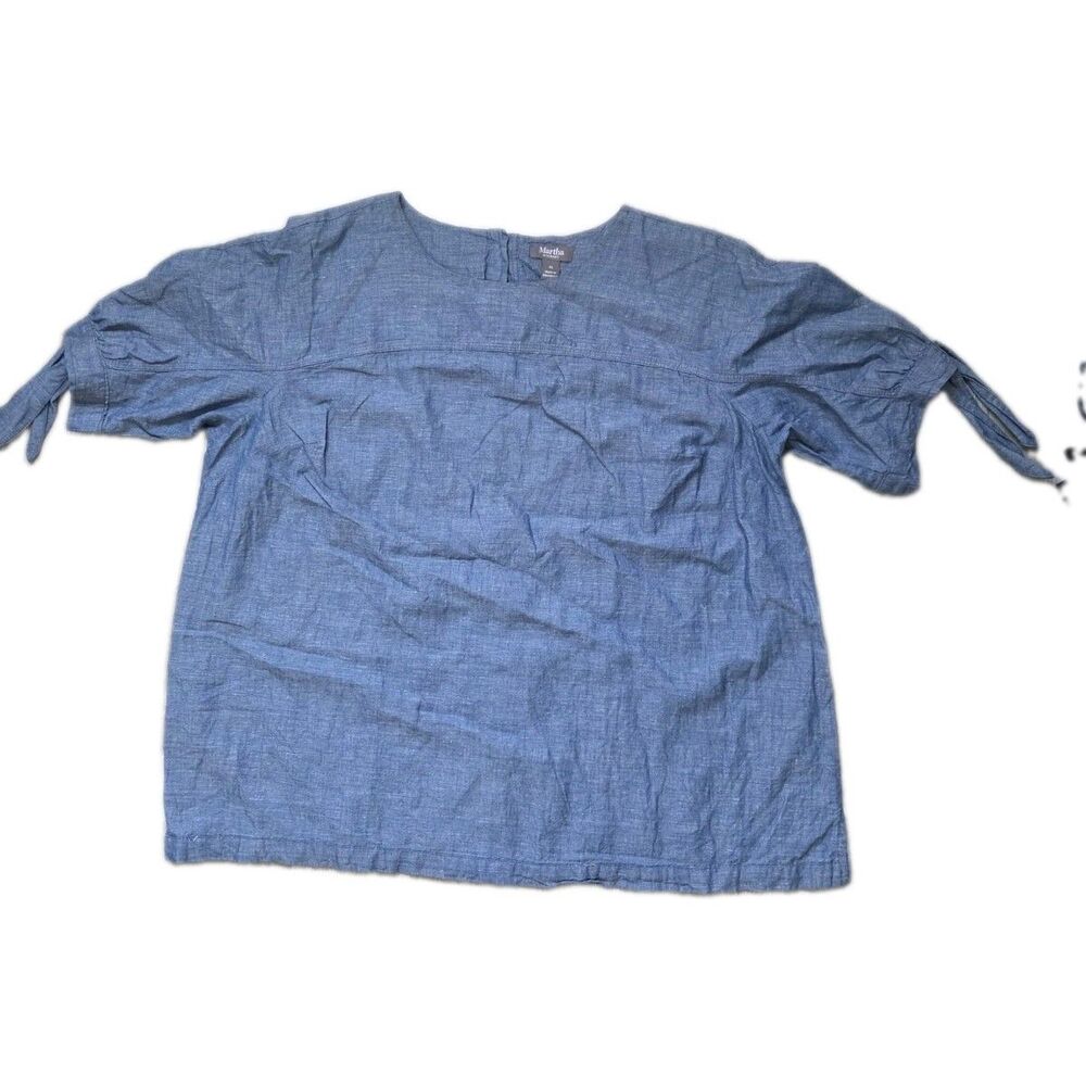 Martha Stewart Blue Chambray Linen Cotton Tie Sleeve Button Back Top 1X EUC